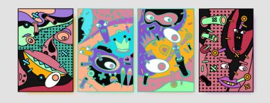 Soyut renkli kolaj poster tasarım şablonu. Serin geometrik ve sıvı kapak tasarımı. Mavi, sarı, kırmızı, turuncu, pembe ve yeşil. Vektör afiş poster şablonu 