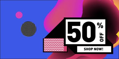 Satış % 50 indirim ve promosyon afiş vektör. Sıvı ve sıvı renkli arka plan tasarım şablonu