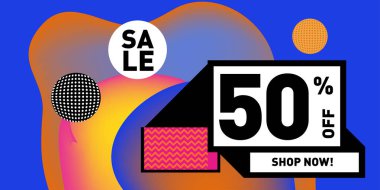 Satış % 50 indirim ve promosyon afiş vektör. Sıvı ve sıvı renkli arka plan tasarım şablonu