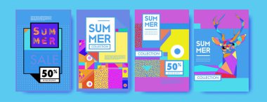 Yaz renkli poster tasarım şablonu. Yaz satış arka plan ve örnek kümesi. Yaz olay poster ve başlık sayfası için minimalist tasarım stil 