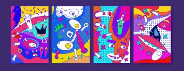 Soyut renkli kolaj poster tasarım şablonu. Serin geometrik ve sıvı kapak tasarımı. Mavi, sarı, kırmızı, turuncu, pembe ve yeşil. Vektör afiş poster şablonu 