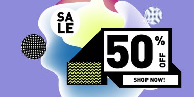 Satış % 50 indirim ve promosyon afiş vektör. Sıvı ve sıvı renkli arka plan tasarım şablonu