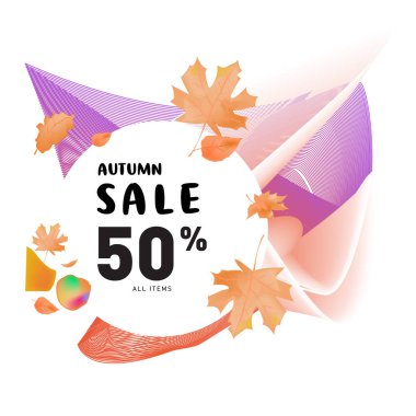 Vektör sonbahar satış poster şablonu yazı. Parlak yaprakları düşer. broşür, kart, etiket, banner tasarımı. Parlak ticari arka plan tasarım.