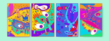 Soyut renkli kolaj poster tasarım şablonu. Serin geometrik ve sıvı kapak tasarımı. Mavi, sarı, kırmızı, turuncu, pembe ve yeşil. Vektör afiş poster şablonu 