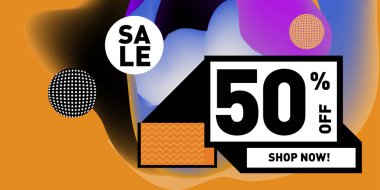 Satış % 50 indirim ve promosyon afiş vektör. Sıvı ve sıvı renkli arka plan tasarım şablonu