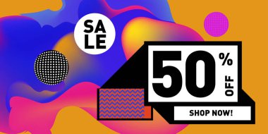 Satış % 50 indirim ve promosyon afiş vektör. Sıvı ve sıvı renkli arka plan tasarım şablonu