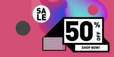 Satış % 50 indirim ve promosyon afiş vektör. Sıvı ve sıvı renkli arka plan tasarım şablonu