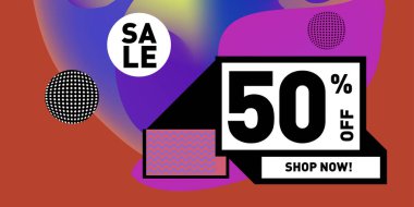 Satış % 50 indirim ve promosyon afiş vektör. Sıvı ve sıvı renkli arka plan tasarım şablonu