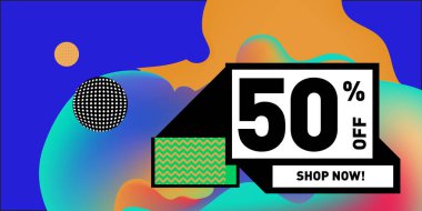 Satış % 50 indirim ve promosyon afiş vektör. Sıvı ve sıvı renkli arka plan tasarım şablonu