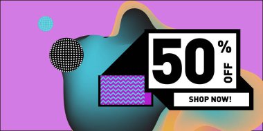 Satış % 50 indirim ve promosyon afiş vektör. Sıvı ve sıvı renkli arka plan tasarım şablonu