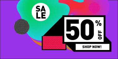 Satış % 50 indirim ve promosyon afiş vektör. Sıvı ve sıvı renkli arka plan tasarım şablonu