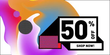 Satış % 50 indirim ve promosyon afiş vektör. Sıvı ve sıvı renkli arka plan tasarım şablonu