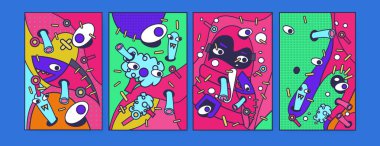 Soyut renkli kolaj poster tasarım şablonu. Serin geometrik ve sıvı kapak tasarımı. Mavi, sarı, kırmızı, turuncu, pembe ve yeşil. Vektör afiş poster şablonu 