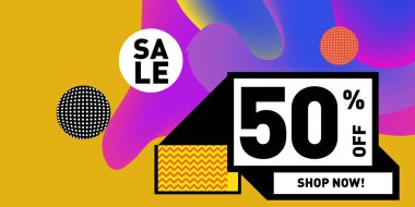 Satış % 50 indirim ve promosyon afiş vektör. Sıvı ve sıvı renkli arka plan tasarım şablonu