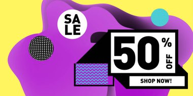 Satış % 50 indirim ve promosyon afiş vektör. Sıvı ve sıvı renkli arka plan tasarım şablonu