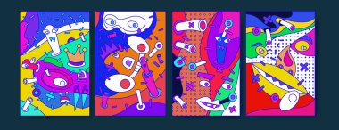 Soyut renkli kolaj poster tasarım şablonu. Serin geometrik ve sıvı kapak tasarımı. Mavi, sarı, kırmızı, turuncu, pembe ve yeşil. Vektör afiş poster şablonu 