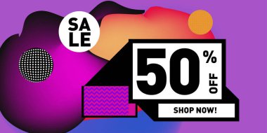 Satış % 50 indirim ve promosyon afiş vektör. Sıvı ve sıvı renkli arka plan tasarım şablonu