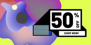 Satış % 50 indirim ve promosyon afiş vektör. Sıvı ve sıvı renkli arka plan tasarım şablonu