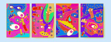 Soyut renkli kolaj poster tasarım şablonu. Serin geometrik ve sıvı kapak tasarımı. Mavi, sarı, kırmızı, turuncu, pembe ve yeşil. Vektör afiş poster şablonu 
