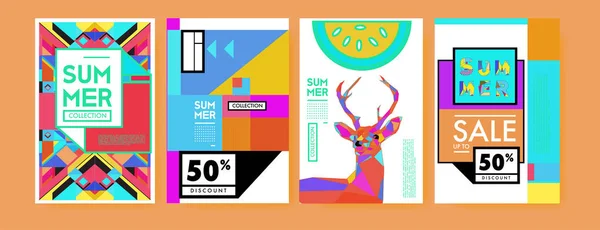 夏季彩色海报设计模板 集夏季销售背景和插图 夏季活动海报和横幅的简约设计风格 — 图库矢量图片