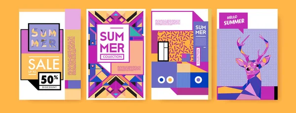 夏季彩色海报设计模板 集夏季销售背景和插图 夏季活动海报和横幅的简约设计风格 — 图库矢量图片