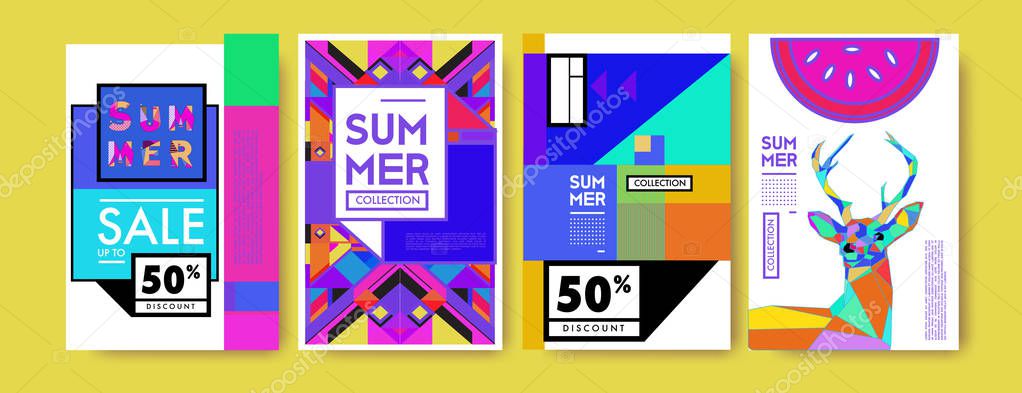 Summer colorful poster design template. Set of summer sale background and illustration. Minimalist design style for summer event poster and banner 