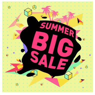 Yaz satış memphis tarzı web afiş. Moda ve seyahat poster indirim. Vektör tatil soyut renkli resimde kampanya ve promosyon.