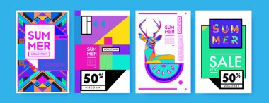 Yaz renkli poster tasarım şablonu. Yaz satış arka plan ve örnek kümesi. Yaz olay poster ve başlık sayfası için minimalist tasarım stil 