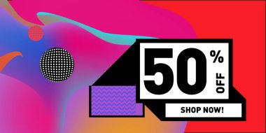 Satış % 50 indirim ve promosyon afiş vektör. Sıvı ve sıvı renkli arka plan tasarım şablonu