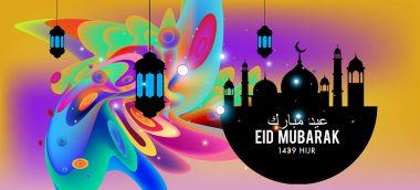 Eid Mubarak tebrik kartı illüstrasyon, ramazan kareem renkli afiş, poster, arka plan, el ilanı, illüstrasyon, broşür ve satış arka plan için İslam Festivali için isteyen vektör.