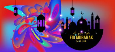 Eid Mubarak tebrik kartı illüstrasyon, ramazan kareem renkli afiş, poster, arka plan, el ilanı, illüstrasyon, broşür ve satış arka plan için İslam Festivali için isteyen vektör.