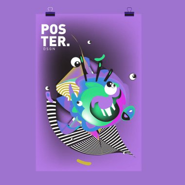 Renkli karikatür karakter kapak ve Poster tasarım şablonu. 3D degrade embriyo şekil ve desen düzeni tasarım şablonu.