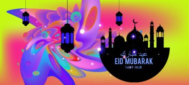Eid Mubarak tebrik kartı illüstrasyon, ramazan kareem renkli afiş, poster, arka plan, el ilanı, illüstrasyon, broşür ve satış arka plan için İslam Festivali için isteyen vektör.