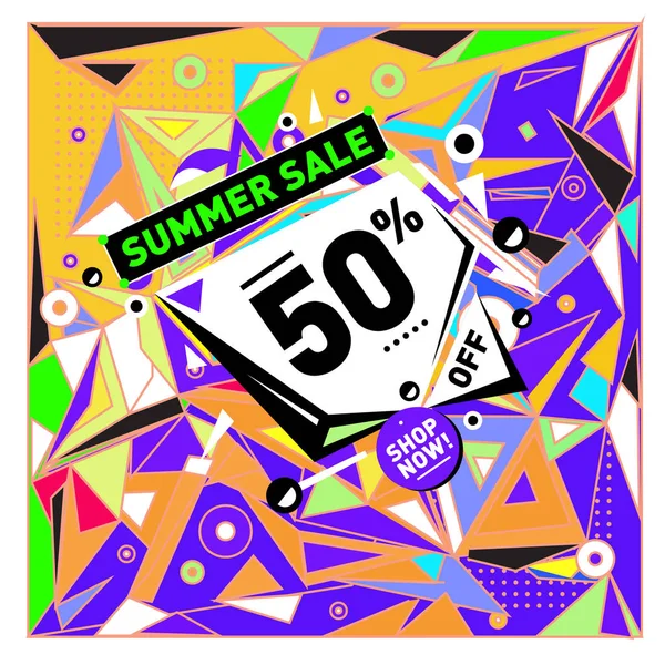 Yaz tatil Satılık memphis tarzı web afiş. Moda ve seyahat poster indirim. Vektör tatil bbstract renkli resimde kampanya ve promosyon.