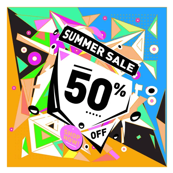 Yaz tatil Satılık memphis tarzı web afiş. Moda ve seyahat poster indirim. Vektör tatil bbstract renkli resimde kampanya ve promosyon.