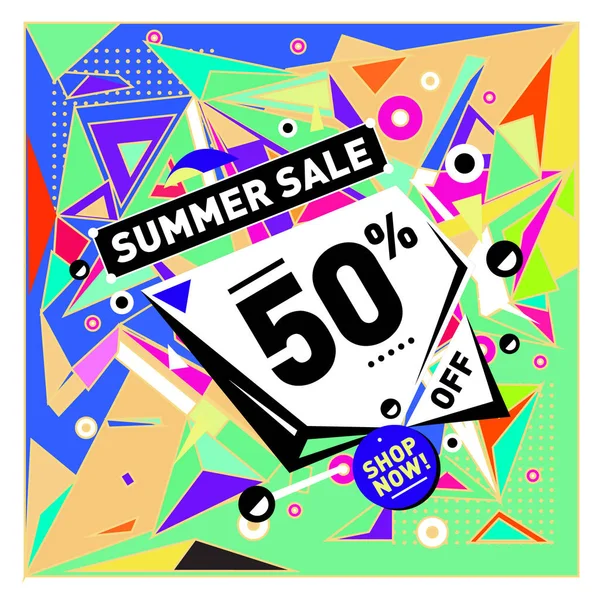 Yaz tatil Satılık memphis tarzı web afiş. Moda ve seyahat poster indirim. Vektör tatil bbstract renkli resimde kampanya ve promosyon.