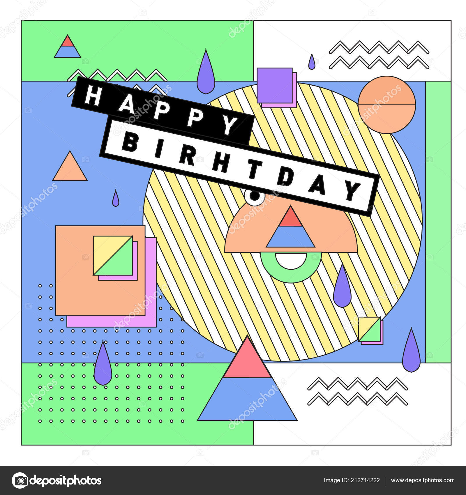 Happy Birthday Memphis Style Vector Design Greeting Cards Poster