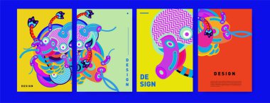 Soyut renkli kolaj poster tasarım şablonu. şekil ve sıvı kapak tasarımı doodle. Mavi, sarı, kırmızı, turuncu, pembe ve yeşil. Vektör afiş poster şablonu