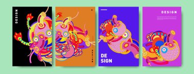 Soyut renkli kolaj poster tasarım şablonu. şekil ve sıvı kapak tasarımı doodle. Mavi, sarı, kırmızı, turuncu, pembe ve yeşil. Vektör afiş poster şablonu