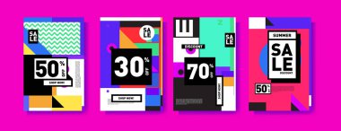 Satış ve indirim poster seti. Banner ve reklam tanıtımı için renkli arka plan.