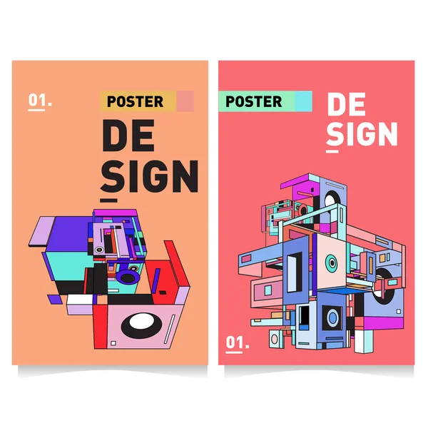 Vector Dekt Ontwerpset Met Retro Stijl Cool Geometrische Memphis Poster — Stockvector