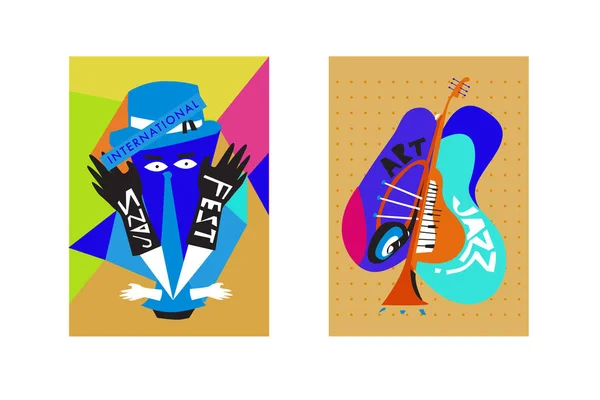 Festival International Jazz Coloré Musiciens Chanteurs Instruments Musique Poster Set — Image vectorielle