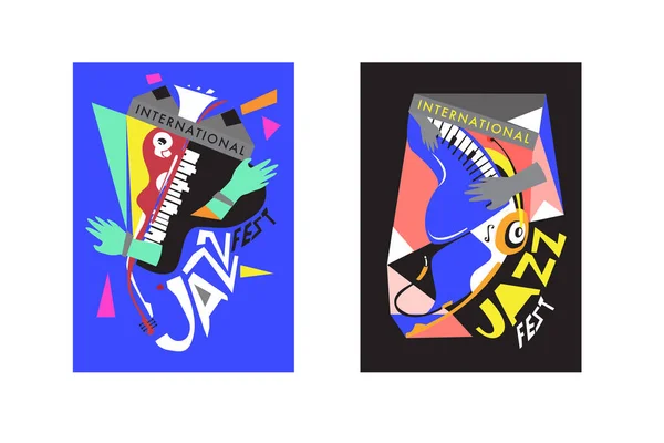 多彩的国际爵士乐节 音乐家 歌手和乐器海报设置平面矢量图 爵士乐和音乐活动海报模板 — 图库矢量图片