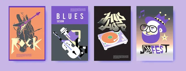 音楽イベント ポスター デザイン テンプレートのベクターを設定します ロック ジャズ ブルース ヒップ ホップのポスター デザイン — ストックベクタ