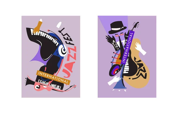 Festival International Jazz Coloré Musiciens Chanteurs Instruments Musique Poster Set — Image vectorielle