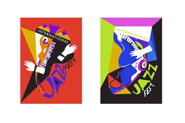 Colorful International Jazz Festival Musicians Singers Musical Instruments Poster Set — Stock Vector