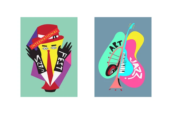 Festival Internacional Jazz Colorido Músicos Cantores Instrumentos Musicais Poster Set — Vetor de Stock