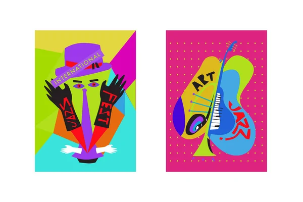 Festival International Jazz Coloré Musiciens Chanteurs Instruments Musique Poster Set — Image vectorielle