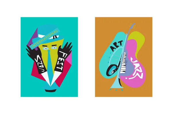 Colorido Festival Internacional Jazz Músicos Cantantes Instrumentos Musicales Cartel Conjunto — Archivo Imágenes Vectoriales