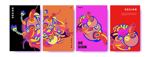 抽象的なカラフルなコラージュ ポスター デザイン テンプレートです 落書きイラストや流体のカバー デザイン オレンジ ピンク グリーン ベクター — ストックベクタ